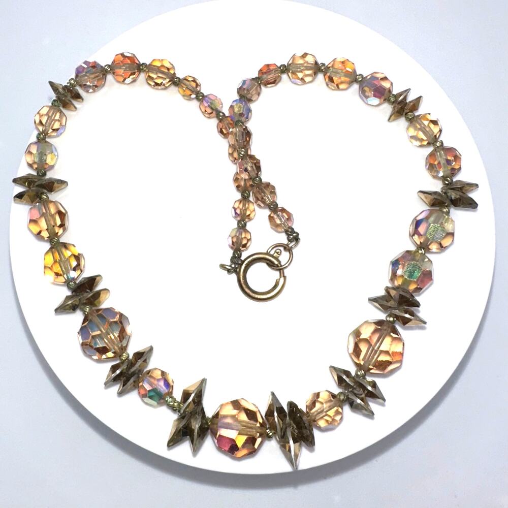 Vintage light topaz faceted glass aurora borealis AB beaded 15.5” necklace